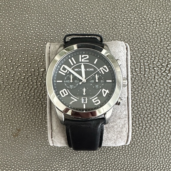 MICHAEL KORS BLACK LEATHER MERCER CHRONOGRAPH MEN'S WATCH MK8288 - Picture 1 of 6